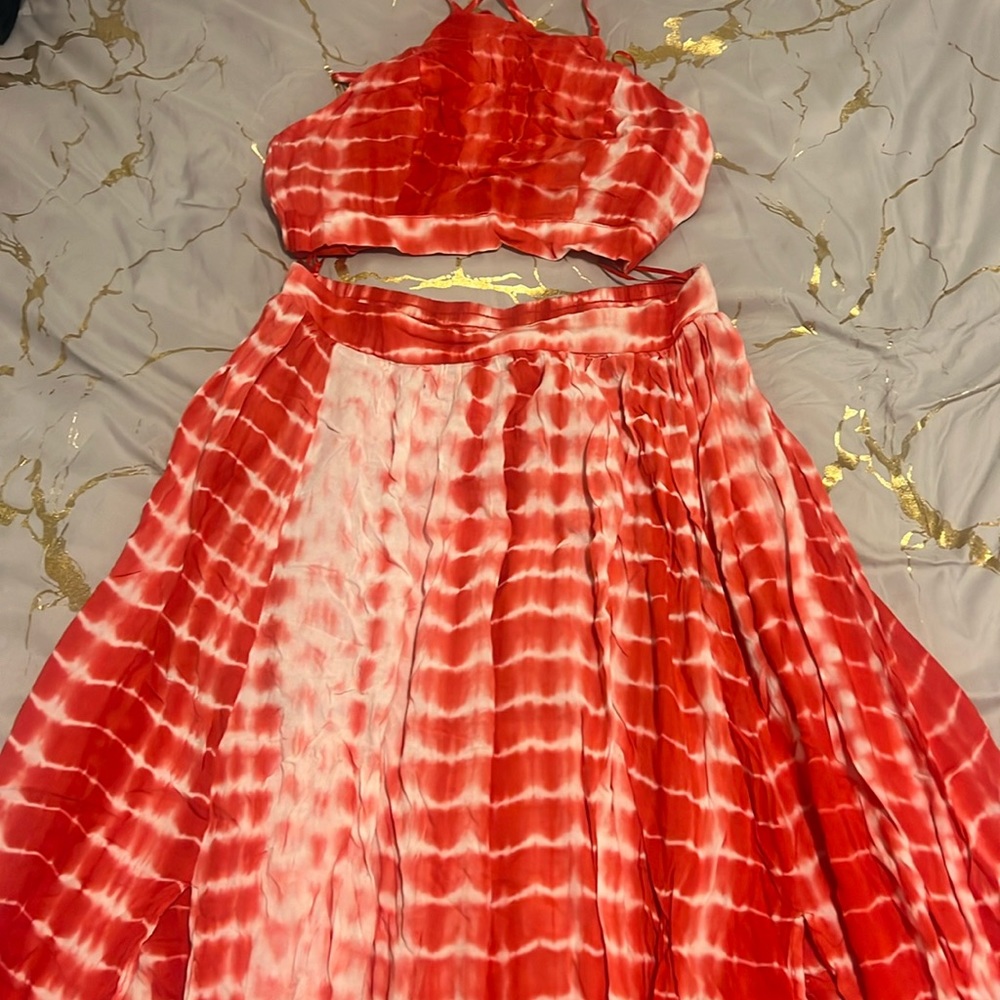 Red-ish pink and white skirt set